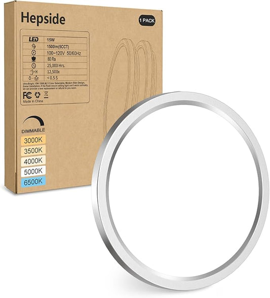 hepside LED Flush Mount Ceiling Light Fixture Brushed Nickel, 7Inch 15W, Dimmable&3000K-6500K Adjustable Low Profile Ceiling Lights, 1500LM Round Lamp for Bathroom, Bedroom, Closet, Kitchen, Hallway