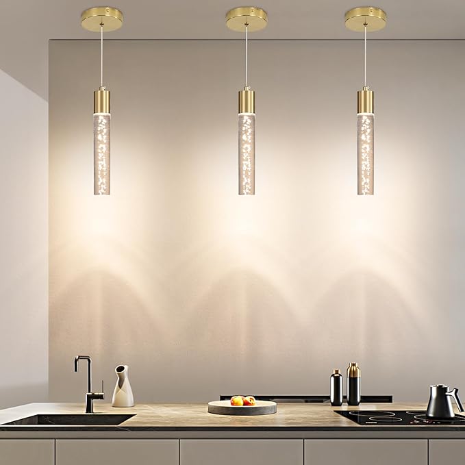 3 Pack Modern Kitchen Island Hanging Light, Gold LED Pendant Lights Fixture, Bubble Acrylic, 3 Color Temperatures, Mini Ceiling Chandelier Lighting for Dining Room, Bedroom, Foyer Entrance, Cafe Bar
