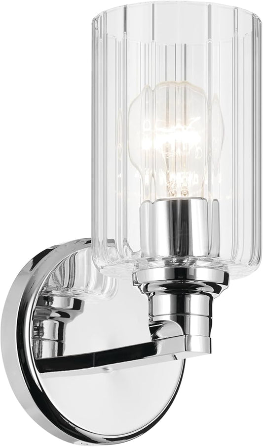 Kichler Gioe 5" 1-Light Wall Sconce with Clear Fluted Glass in Chrome, Damp Rated, for Powder Room, Kitchen, Hallway, Bedroom, Fireplace, (5" W x 9.5" H), 55224CHFLU