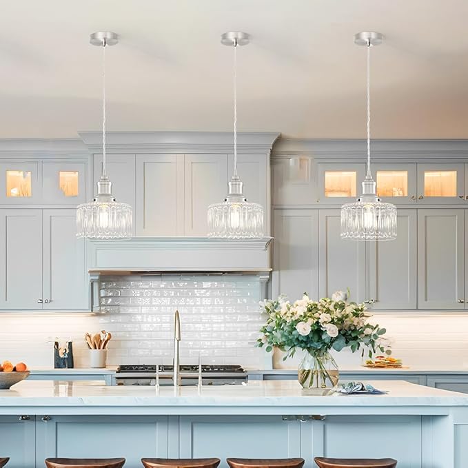 Brushed Nickel Pendant Lights Kitchen Island, Vintage Pendant Light Clear Striped Glass Lmapshade, Rustic Kitchen Pendant Lighting Over Island, Adjustable Hanging Light for Dining Room Hallway