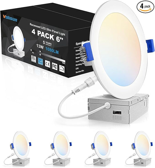 VOLISUN 4 Pack 6 inch Recessed Lighting, 5CCT Ultra-Thin LED Recessed Light with Junction Box, 2700K-5000K Selectable, 1080Lumen Dimmable Canless Wafer Downlight, LED Ceiling Light ETL Certificated