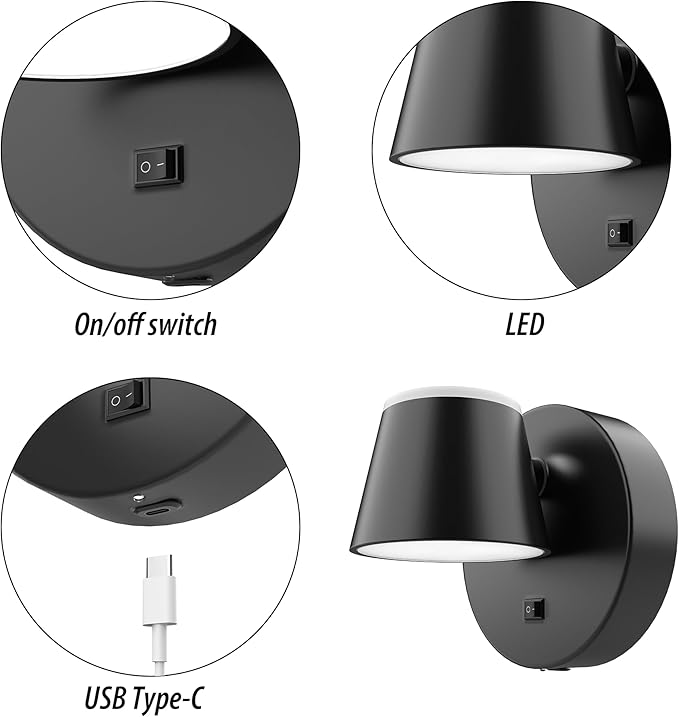 URSOLA Battery Operated Wall Lights Set of Two, LED Rechargeable Battery Wall Sconce with 9000mAh 3CCT and Dimmable Magnetic 360° Rotation Cordless Light for Bedroom（Black）