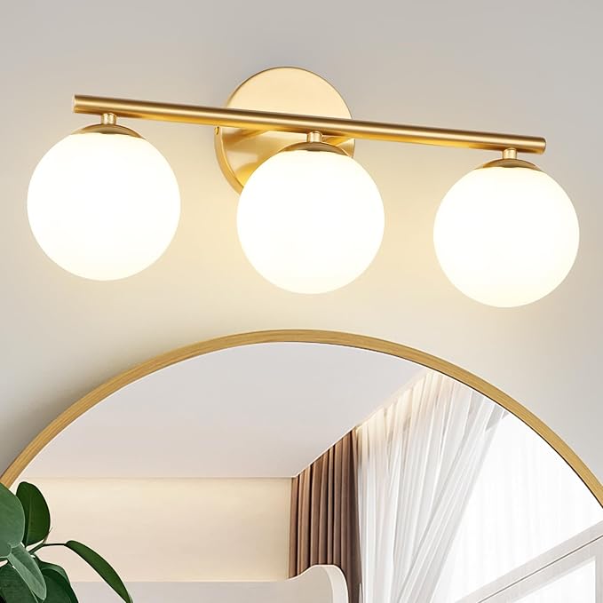 Globe Bathroom Light Fixtures 3-Light Brass Gold Vanity Light with Plastic Milk White Globe Shades 18.11 inch Wall Sconce Lighting Over Mirror, Vanity Lights for Bathroom Bedroom Hallway