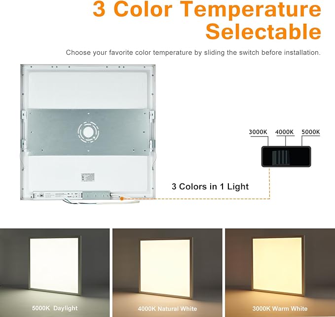 2x2 FT Surface Mount LED Panel Light Dimmable & 3 Color Selectable 3000K/4000K/5000K - 40W 24x24 Inch LED Flush Mount Ceiling Light Low Profile, 100-277V, Bright 4400LM, ETL Listed, 2 Pack