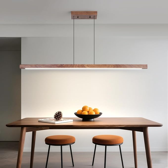 Modern Wooden Pendant Light, 47IN Walnut Wooden Chandelier with Remote Control 3000k-6500K Adjustable Color Temperature，Aluminum Island Lighting Lamp for Dining Room, Living Room
