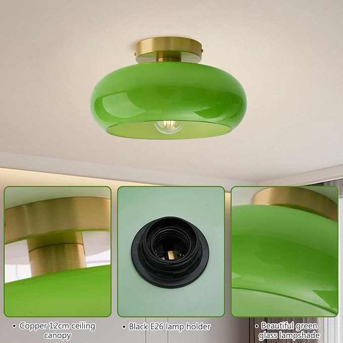 Green Ceiling Light - Mid Century Modern Flush Ceiling Light with Milk Glass Globe and Dark Green Lamp Shade in Brushed Brass for Dining Room