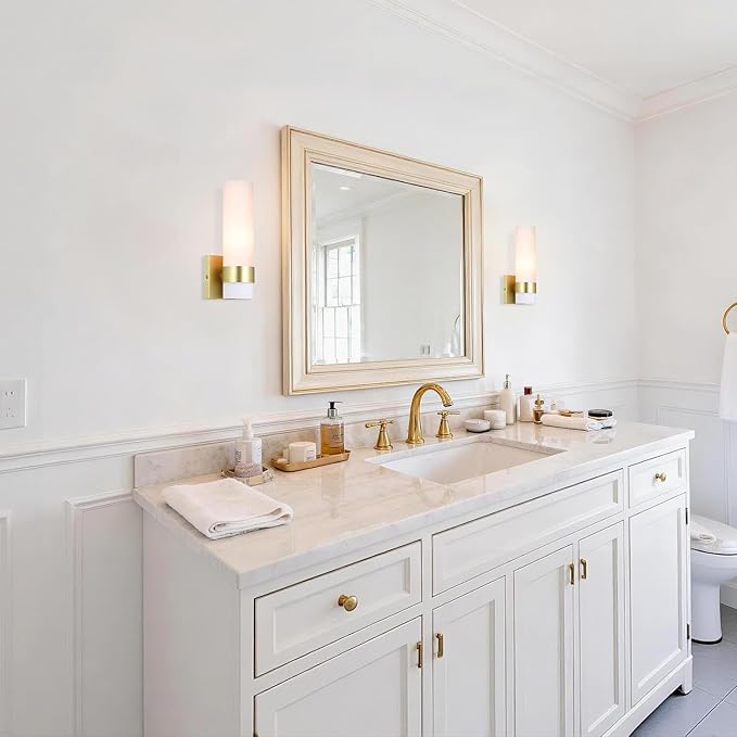 XiNBEi Lighting Sconces Wall Lighting, 1 Light ADA Wall Sconce, Vintage Bathroom Vanity Light with Tube Glass Satin Brass Finish for Kitchen & Corridor XB-W1185-SB