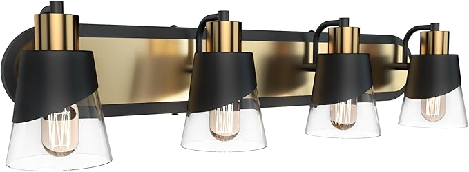 URSOLA Bathroom Vanity Light, 4 Lights Bathroom Light Fixtures, 28.3 inch Bathroom Light Fixtures Over Mirror, Black and Gold, with Bevelled Edge and Clear Glass Shade Wall Lamp