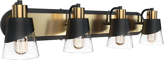 URSOLA Bathroom Vanity Light, 4 Lights Bathroom Light Fixtures, 28.3 inch Bathroom Light Fixtures Over Mirror, Black and Gold, with Bevelled Edge and Clear Glass Shade Wall Lamp