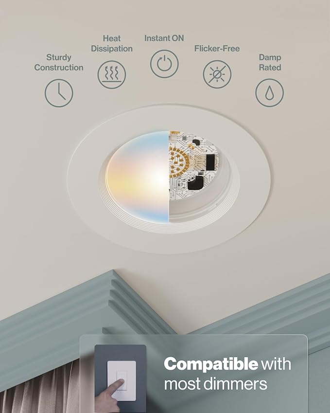 Sunco 6 Inch LED Recessed Light Retrofit, Can Lights for Ceiling, 1700 LM High Brightness, Selectable CCT 2700K/3000K/4000K/5000K/6000K, 17W=120W, Dimmable, Baffle Trim, Damp Rated UL 4 Pack.
