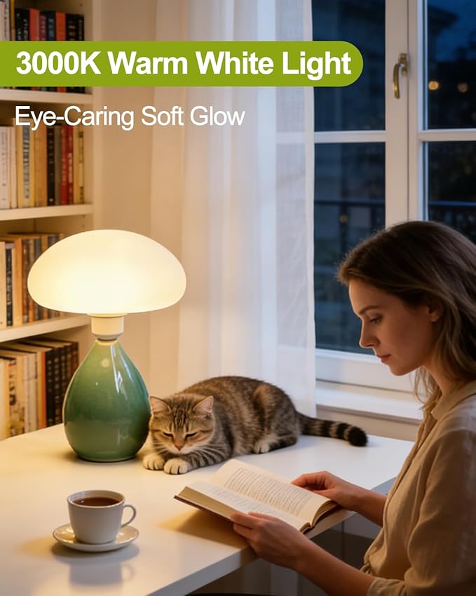 Lightdot Mushroom Table Lamp, Mid Century Modern Lamp, Green Ceramic Base Bedside Lamp, Cute Desk Lamp with Bulb Included, Eye-Caring Night Light for Bedroom Kids Room Living Room Office Home Reading