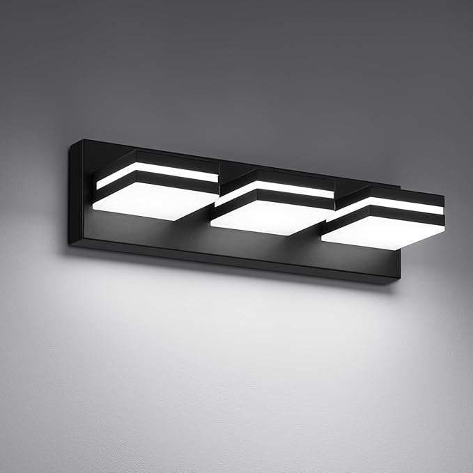 Modern LED Small Bathroom Lights Fixtures 3-Light,Metal Black Acrylic Wall Lighting,Vanity Lights for Bathroom Over Mirror 6000K 16in