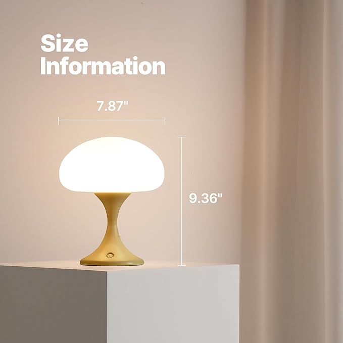 MAGCHARM Mushroom Lamp, 5W LED Cordless Rechargeable Table Lamp with Glass Shade, Small Retro Dimmable Touch Light with 3 Color Temps, Aesthetic Mid Century Bedside Light for Bedroom Ambient, Mustard