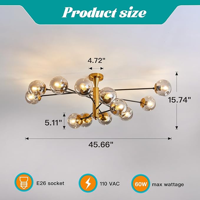 hesoge Large 12 Light Sputnik Semi Flush Mount Ceiling Light Fixture Gold Mid Century Modern Chandelier with Glass Globe Close to Ceiling Light for Living Room Kitchen Dining Room Bedroom.