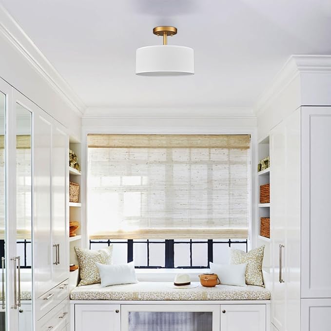 Modern Light Fixture Ceiling Mount Flush Mount Drum Ceiling Light Fixture 3 Light Gold Semi Flush Mount Ceiling Light for Hallway Bedroom Entryway Foyer Office