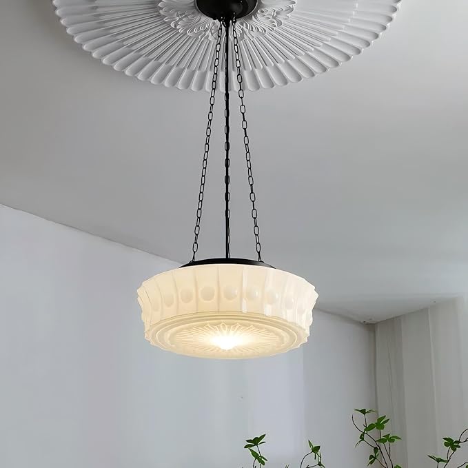 LIGHTLAND Milk Glass Pendant Light, 13.8 Inch Mid Century Semi Flush Mount Ceiling Light Fixture with 39.4 Inch Adjustable Chain, Vintage Chandelier for Bedroom, Living Room, Dining Room, Hallway