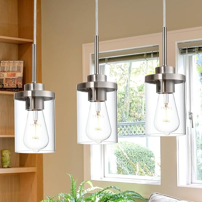 Pendant Lights Fixtures with Clear Glass Shade Brushed Nickel Island Light fixtures 3-Lights Hanging Lighting for Kitchen Island Dining Room
