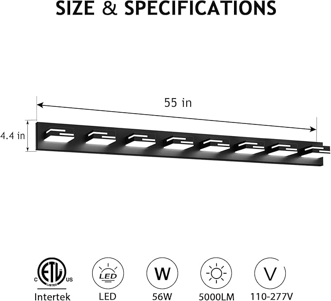 LED Modern Bathroom Vanity Light Fixtures 8-Light 55-inch 5CCT Dimmable Matte Black Vanity Lights for Bathroom Lighting Fixtures Over Mirror, with 360° Rotatable Acrylic Heads