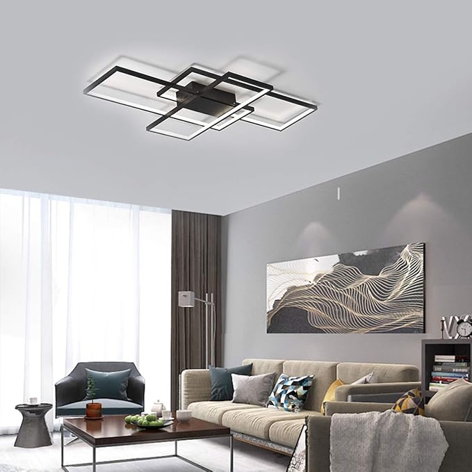 Jaycomey Modern LED Ceiling Light, 35.4in LED Black Flush Mount Ceiling Lights Fixture 75W Living Room Lighting Fixtures Chandelier Lamp for Dining Room Bedroom Kitchen White Light 6000K
