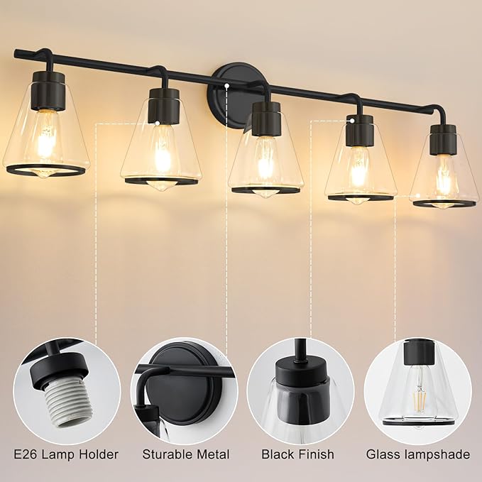 Bathroom Vanity Light 5 Light, Modern Vanity Lighting Fixture for Bathroom, 38.5" Vanity Lights with Clear Glass Shade, Black Bath-Room Wall Light Over Mirror, Wall Sconces for Bath