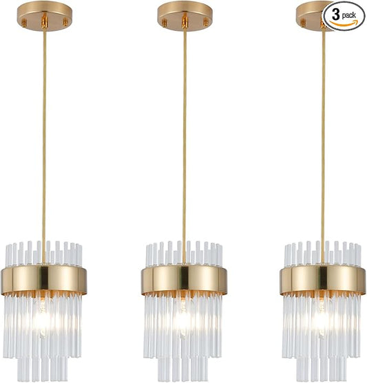 Dijiahua Pendant Lights Kitchen Island Gold 3 Pack,Crystal Pendant Light Fixtures Over Table, Mini Brass Dining Room 1-Light Chandelier,Modern Adjustable Cord Hanging Lamp for Bedroom,Sink