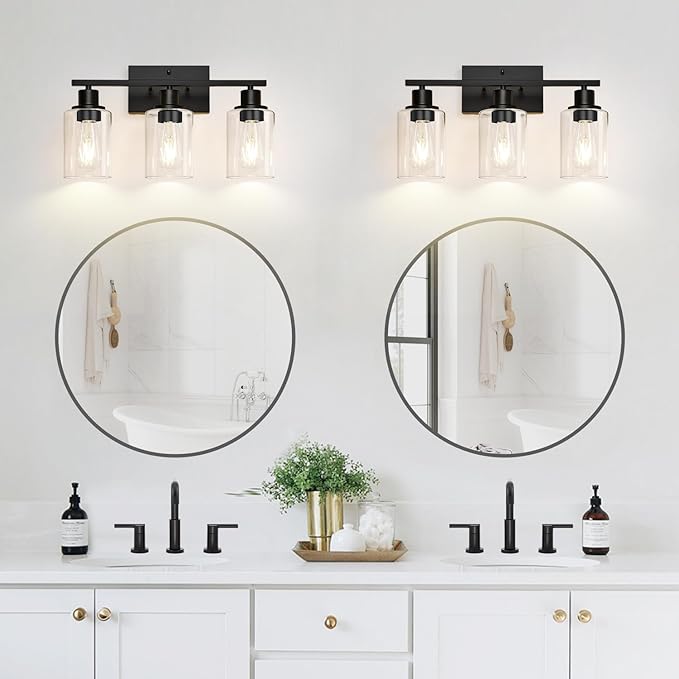 Indoi 3 Light Bathroom Light Fixtures, Matte Black Modern Vanity Lights with Clear Glass Shade, Bathroom Wall Lamp for Mirror Kitchen Living Room Hallway Cabinet Porch