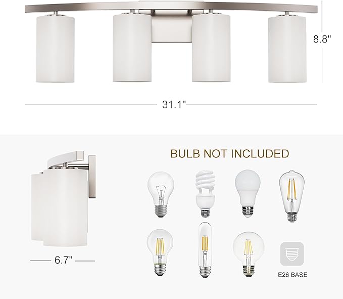Tawson Talos 4-Light Vanity Light in Brushed Nickel with Satin Etched Glass Shade for Hallway, Entryway, Passway, Dining Room, Bathroom, Garage, Kitchen, Balcony, Living Room