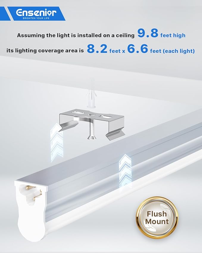 Ensenior 6-Pack T5 LED Shop Lights, 4FT 2000LM 6500K Super Bright White Integrated Single Fixture, 20W Linkable Utility Commercial Lighting for Gym/Garage/Ceiling/Under Cabinet, Plug & Play