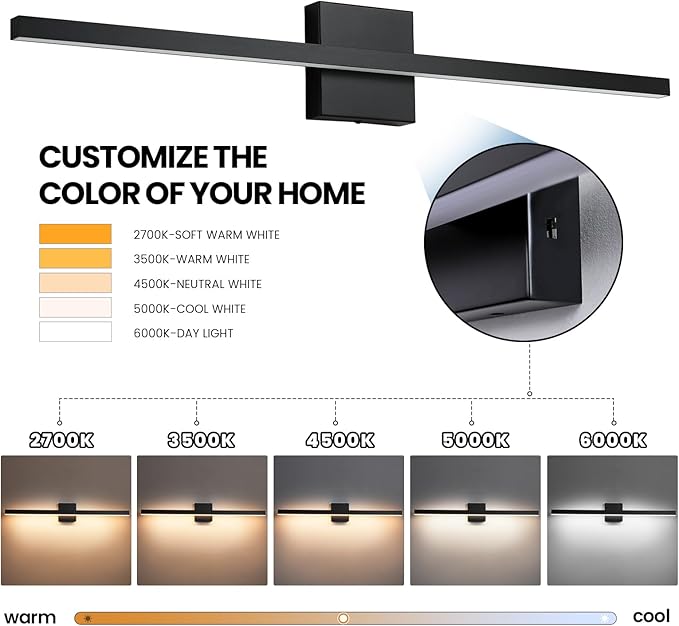Epinl Modern Vanity Light Fixtures 24 Inch, 18W Dimmable 5CCT Black Bar Vanity Light Over Mirror, LED Bath Lighting Fixture for Bathroom Mirror Cabinets Bedroom-ETL Certificated
