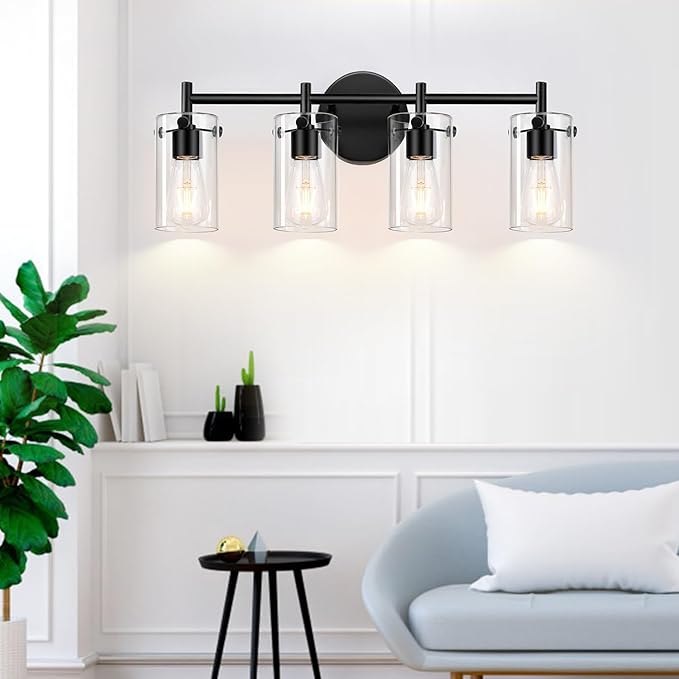 Indoi 4-Light Matte Black Bathroom Vanity Light Fixtures, Clear Glass Shade Wall Sconces for Mirror, Bedroom, Living Room, Hallway