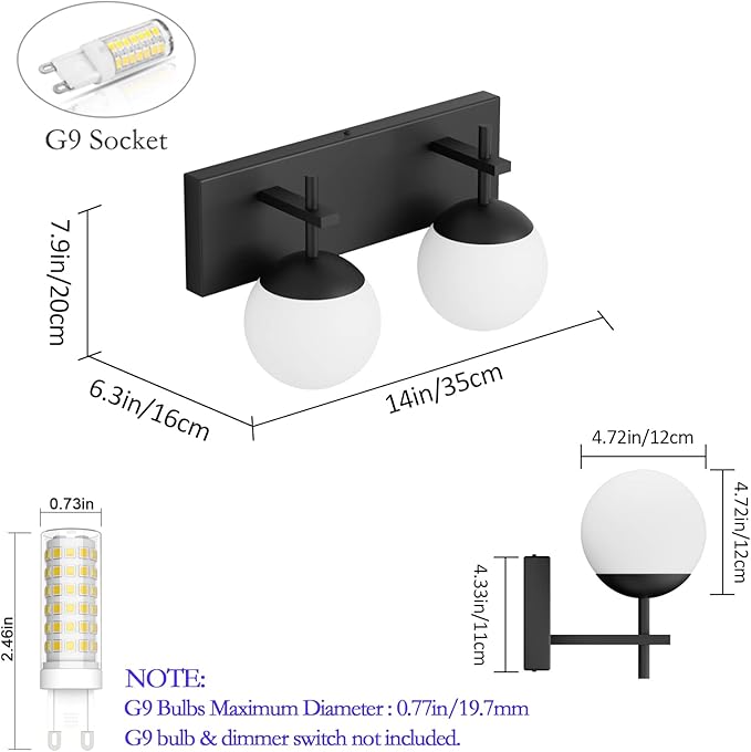 Ralbay Matte Black Bathroom Wall Light Fitures 2-Light Mid Century Modern Bathroom Lighting Black Milky Glass Globe Vanity Light for Bathroom