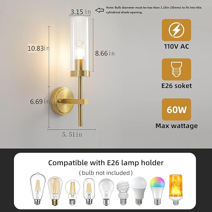 HOREVO Set of 2 Modern Wall Sconces, Clear Acrylic Vanity Wall Lights with E27/E26 Socket, Hardwired Indoor Wall Lamps for Bathroom Mirror, Bedroom, Hallway and Bedside, Bulbs Not Included