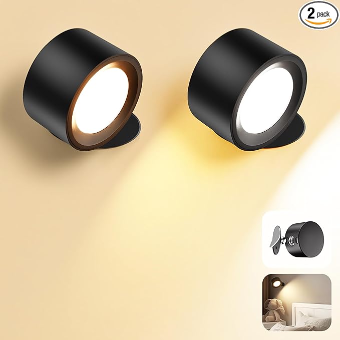 LED Wall Mounted Lamps, Battery Operated Rechargeable Wall Lights, 3CCT & Dimmable, 360°Rotation with Magnetic Ball, Cordless Wall Sconces for Picture Bedside Bedroom Reading, Black-2 Pack