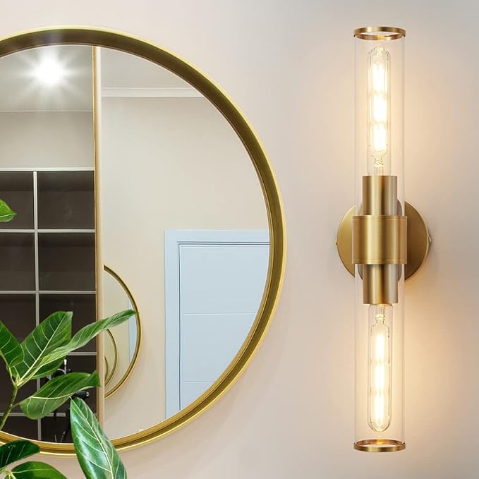 Gold Wall Sconce, Bathroom Light Fixtures in Clear Glass Indoor Wall Sconces, Modern Sconce Wall Lighting Up and Down Vanity Lights Fixtures for Bathroom,Living Room - Bulb Not Included