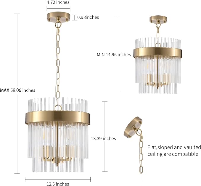 Dijiahua 3-Light Gold Pendant Lights Kitchen Island, 2-Tiers Crystal Pendant Light Fixtures Over Table, 12.6''Dia Brass Dining Room Glam Chandelier,Modern Adjustable Cord Hanging Lamp for Bedroom