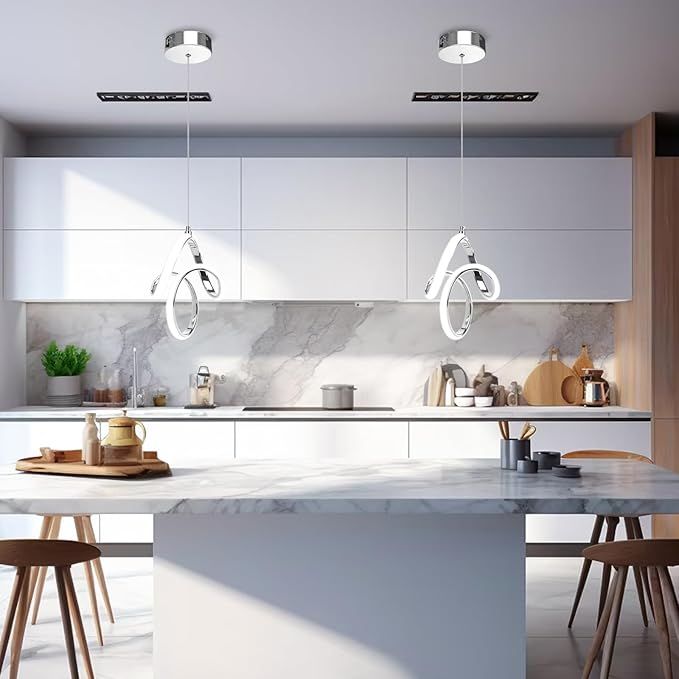 Modern Led Pendant Light 5500K Cold White Kitchen Island Pendant Light Fixtures Adjustable Height Led Pendant Lamp for Kitchen Island Dining Room Hanging Light, 2 Pack (Chrome)