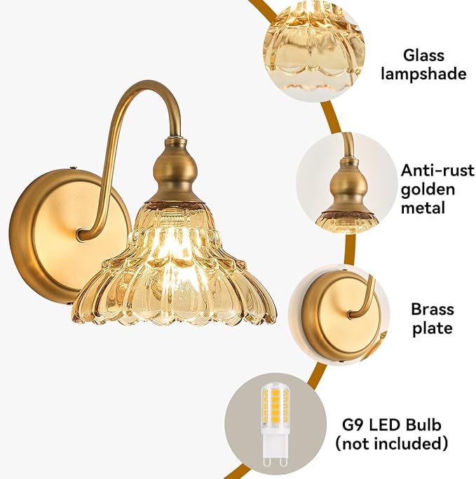 Vintage Amber Bedroom Wall Sconces 1-Light Hardwired Wall Mount Wall Light Fixtures for Bathroom Hallway Kitchen Dress Room