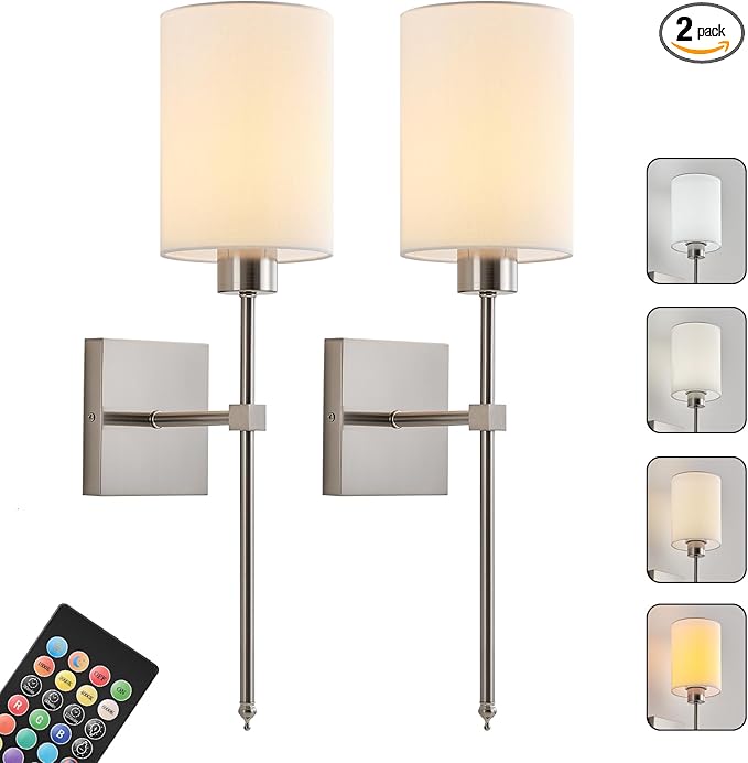 KARTOOSH Battery Operated Wall Sconce Set of Two, Wireless Rechargeable Wall Light with Remote Control, Dimmable, 4 Color Temperatures, RGB, Timer, for Living Room,Bedroom,Entryway, Nickel, 20.6 Inch