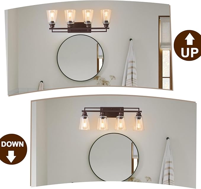 Refice 4-Light Bathroom Vanity Lights, Bathroom Light Fixtures with Clear Glass Shades, Vintage Oil Rubbed Bronze Wall Sconces Over Mirror for Living Room, Farmhouse, Hallway