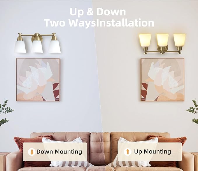 3-Light Bathroom Vanity Light, Gold Finish with Milk Glass Shades, Over Mirror, for Bathroom Vanity