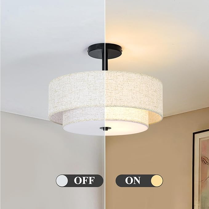 15.7 inch Modern Ceiling Light, Double Fabric Ceiling Lamp, 3 Light Black Semi-Flush Mount Ceiling Lights, Round Ceiling Light Fixture for Bedroom, Kitchen, Dining Room, Hallway，Living Room