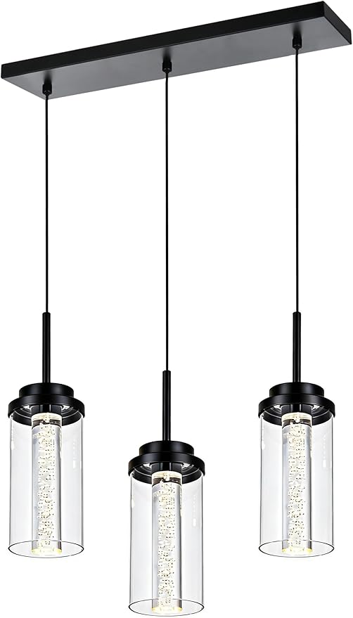 MELUCEE Dimmable LED Pendant Light 3-Light Linear Dining Room Light Fixture Over Table Black Chandelier, 3000K-6000K Adjustable Color Temperature Island Lights with Clear Glass Shade