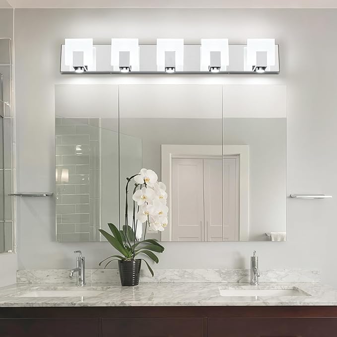 SOLFART Vanity Lights for Mirror LED Modern Gloss Chrome Bathroom Lighting Fixtures Over Mirror Dimmable 5 Lights