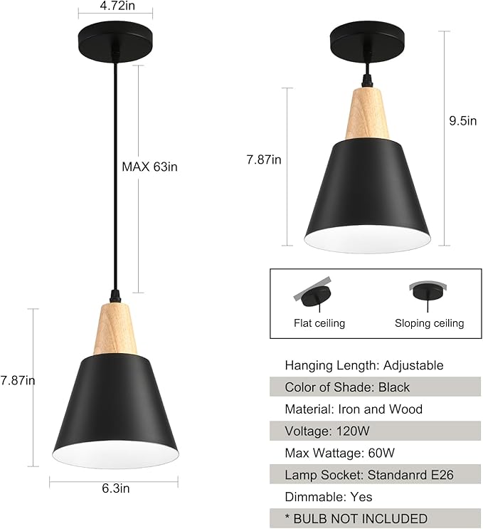 3 Pack Pendant Lights, Black Pendant Lights Kitchen Island,Wood Dome Minimalist Industrial Ceiling Hanging Lights for Kitchen Island, Barn, Dining Room, Living Room, Bedroom