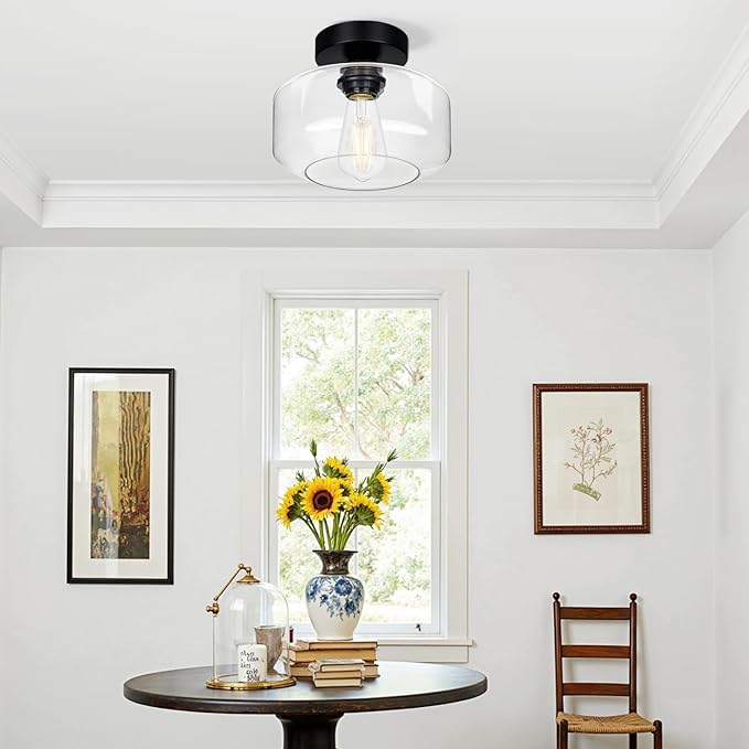 Industrial Semi Flush Mount Ceiling Light, 800 Lumen LED Bulb Included, Clear Glass Shade Ceiling Light Fixture, Farmhouse Light Fixture for Hallway Corridor Kitchen Bathroom Bedroom Passway