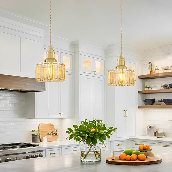 Vintage Pendant Light with Amber Striped Glass Lmapshade, Gold Pendant Lights Kitchen Island, Brass Kitchen Pendant Lighting over Island, Adjustable Hanging Light for Entrance Bathroom Dining Room