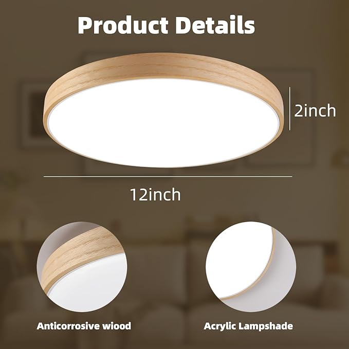 HOREVO Smart WiFi LED Ceiling Light with Remote - Alexa/Google Home, Dimmable RGB Color Changing Ceiling Light Fixture(2700K-6500K), 12" Modern Wood Flush Mount for Bedroom/Living Room/Kids Room