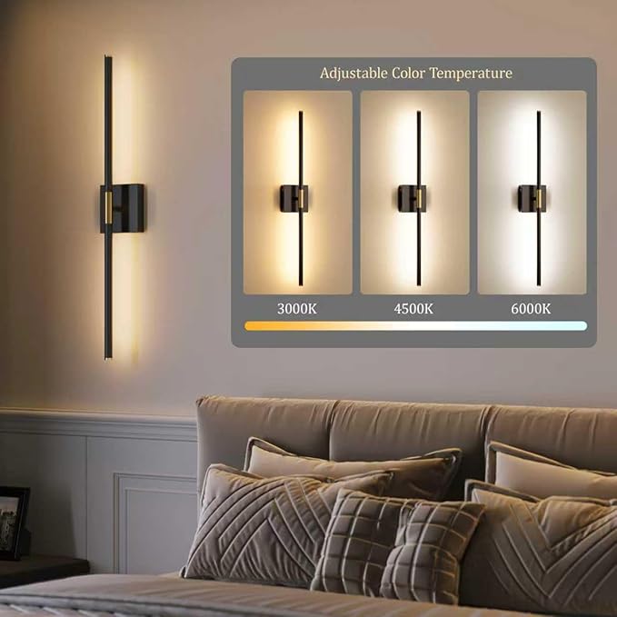 Morauroral 30 Inch Battery Operated Wall Sconces Set of Two, Dimmable Wall Sconces with Remote Control, Black Gold Rechargeable Sconces, LED Sconce Wall Light for Bedroom, Living Room, Bathroom