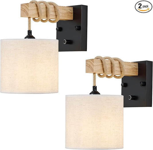 Boho Wall Sconces Set of Two, Hardwired Farmhouse Fabric Wall Lamps with Wooden Arm & On/Off Dimmable Switch,Rustic Indoor Wall Mount Light Fixtures for Bedroom Nursery Living Room Bathroom