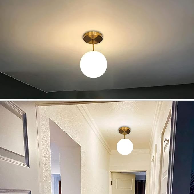 Globe Semi Flush Mount Ceiling Light Fixture Globe Ceiling Light Milk Glass Matte Gold Finish Contemporary Mid Century Modern Lighting for Hallway Living Room Kitchen Bedroom Storage(Bulb Included)